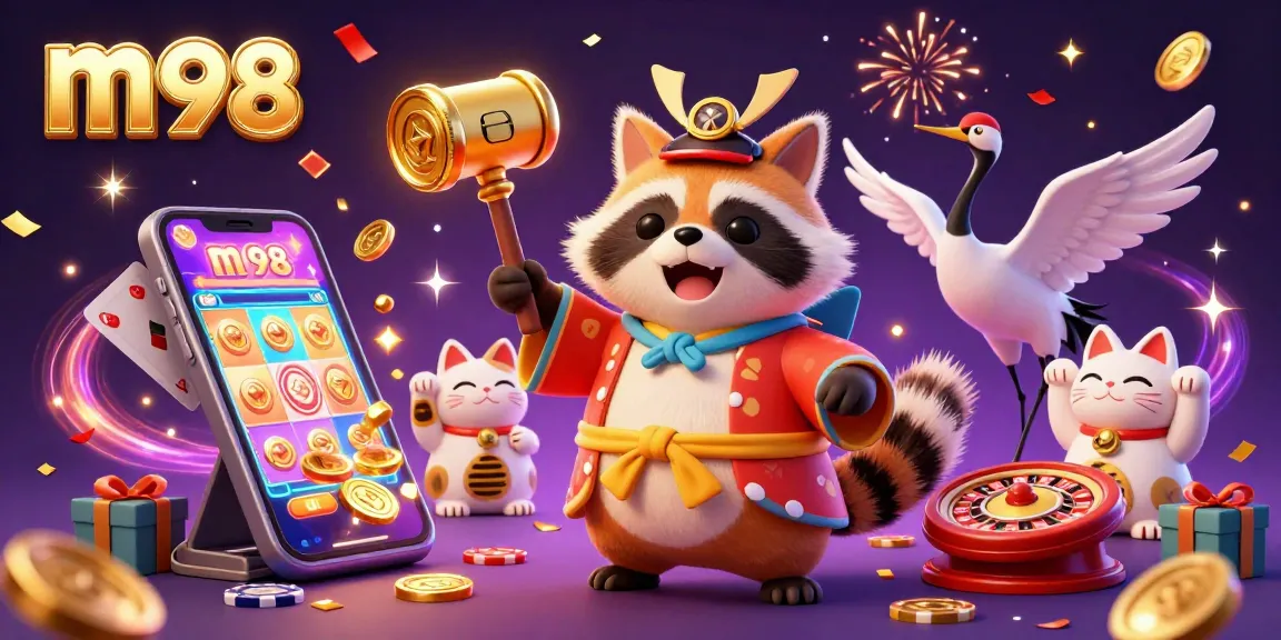 Engage with m98’s vibrant casino scene featuring a tanuki and lucky cat among gaming elements.