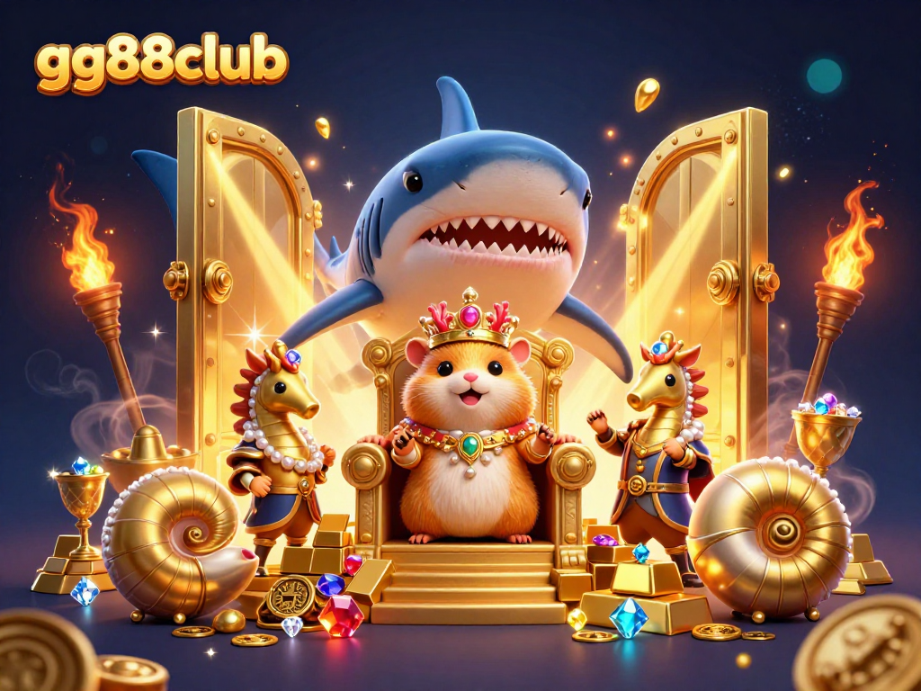 Experience the dynamic excitement of gg88club with a golden hamster king and seahorse guards amidst treasures!