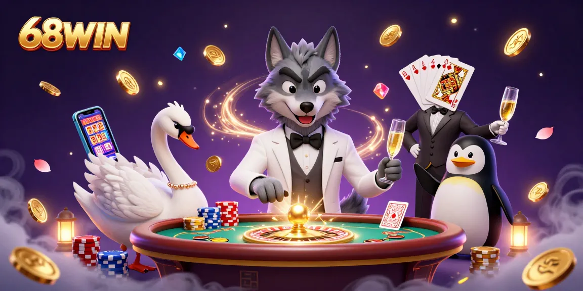 Experience thrilling wins at 68WIN with an exciting casino scene featuring unique characters and games.