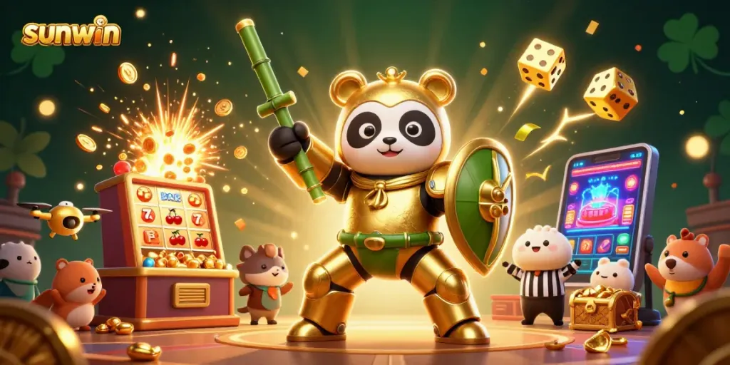 Experience sunwin's thrilling gaming action with a vibrant 3D casino illustration bursting with jackpots and excitement.