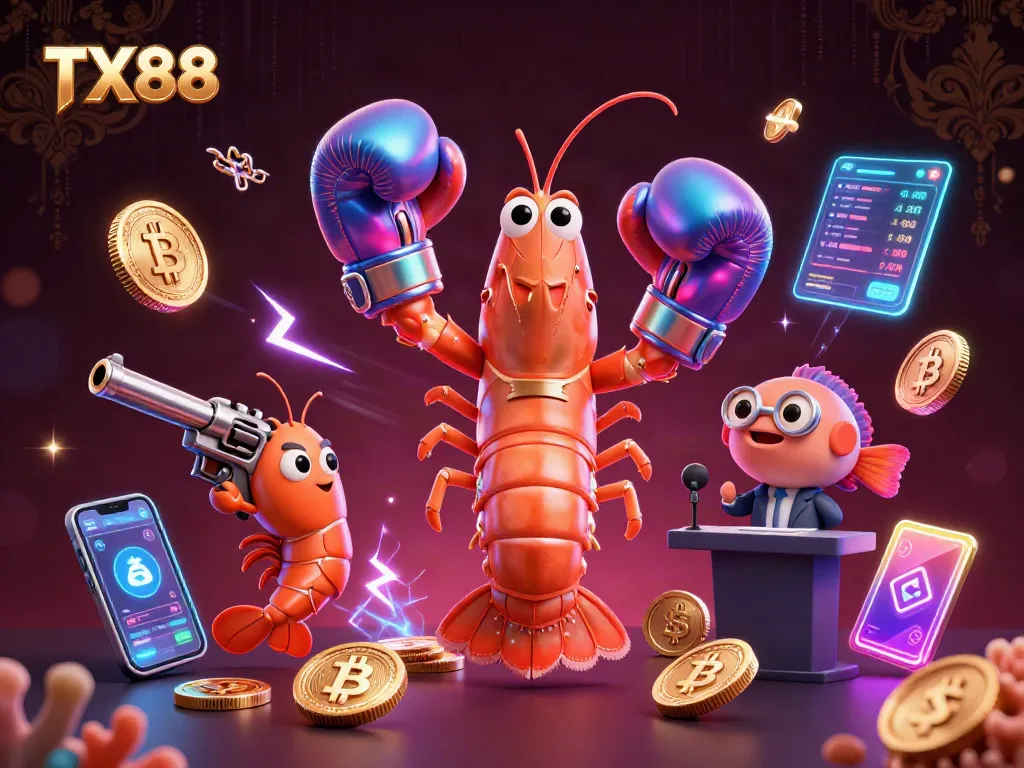 TX88 sets the stage with colorful gambling elements and energetic 3D sea creatures for an exciting online casino experience.