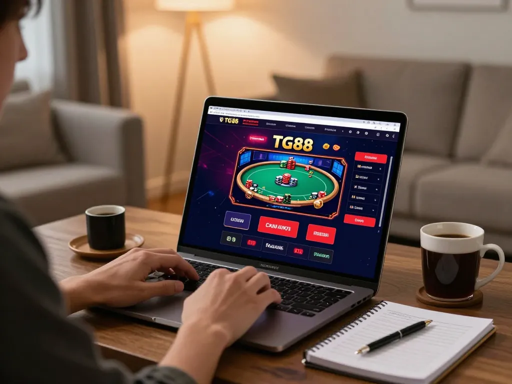 Player enjoying the TG88 online casino platform while strategizing at home in a cozy setting.