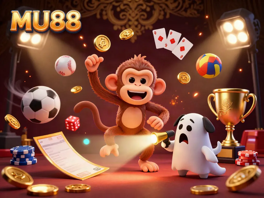 Experience MU88's haunted casino adventure with a poltergeist monkey juggling golden items while a puppy hunts ghosts.