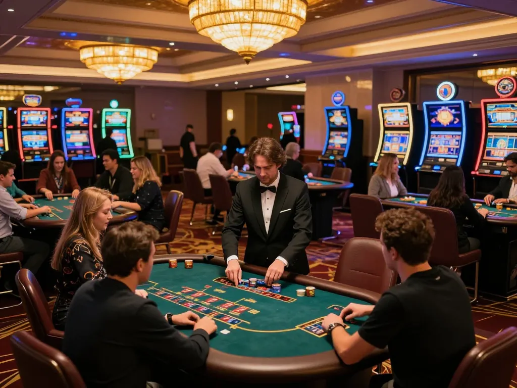 TWIN68 players enjoying a vibrant casino atmosphere with poker tables and slots in action