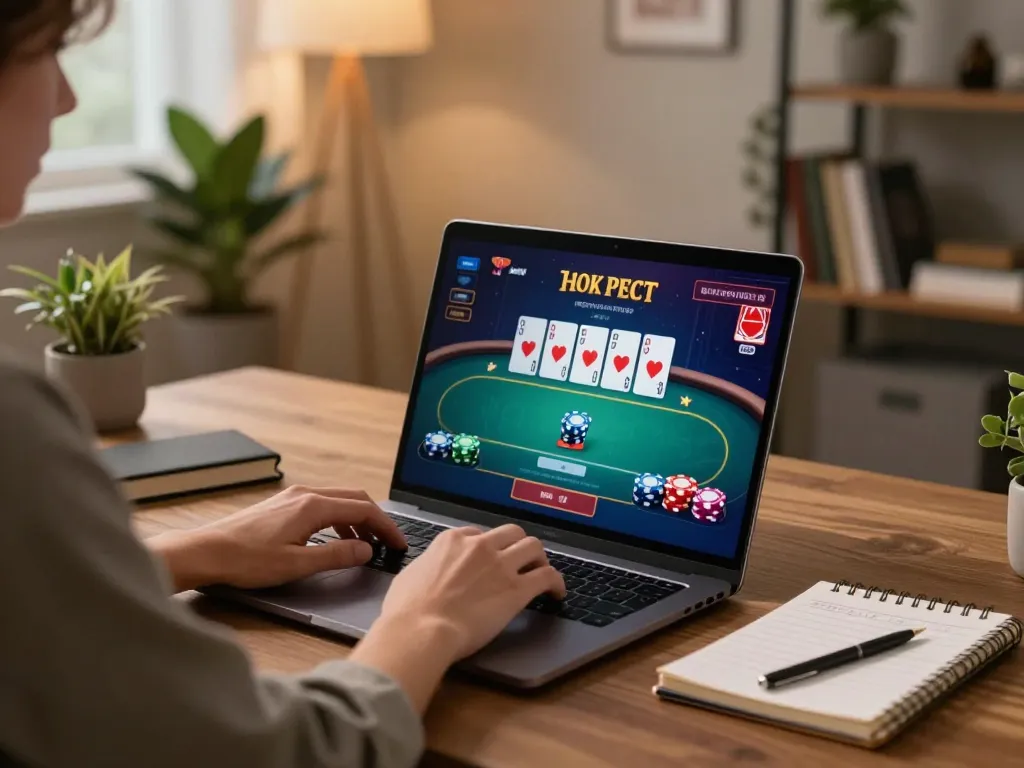 Engaging in online poker gameplay at home with debet platform on screen and strategic notes on table