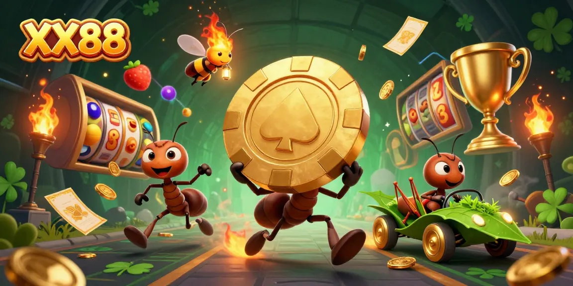 XX88 showcases ants with a giant poker chip in a thrilling slot heist scene amidst gold and winning elements.