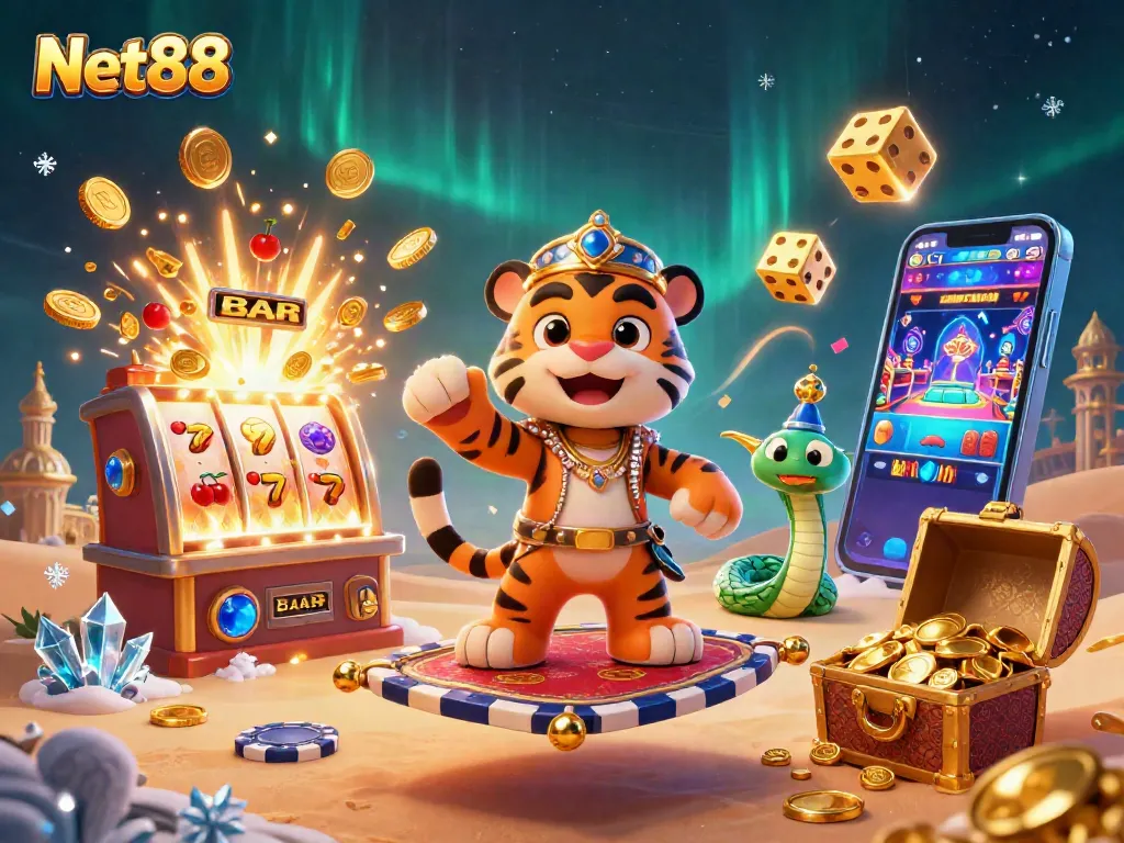 Experience thrilling jackpots with Net88 in this vibrant 3D casino scene featuring dynamic game elements.
