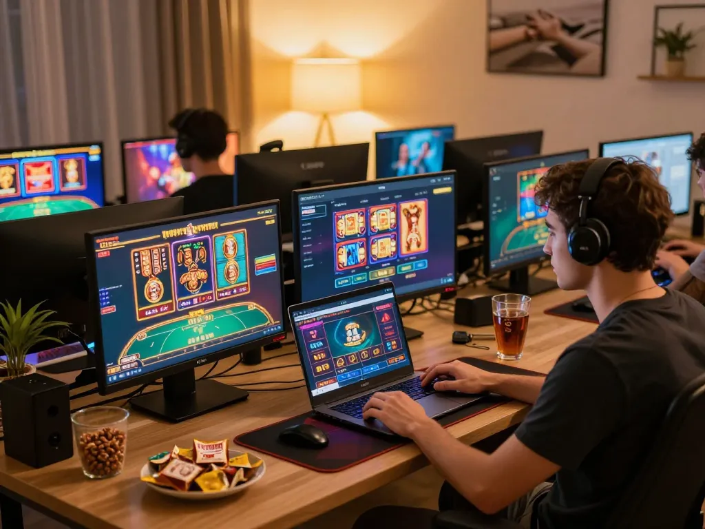 Kkwin players actively engaging in online slots and poker from a cozy home setup.