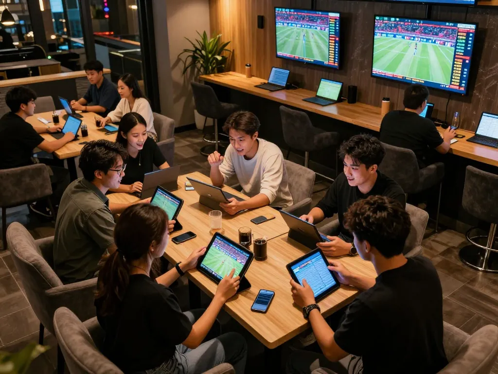 Exciting friends analyzing bets on sports betting apps at 79KING's modern lounge