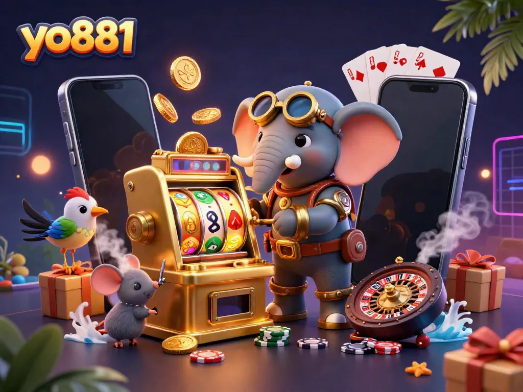 Spin the reels at yo881 with a steampunk elephant engineer at an immersive casino.