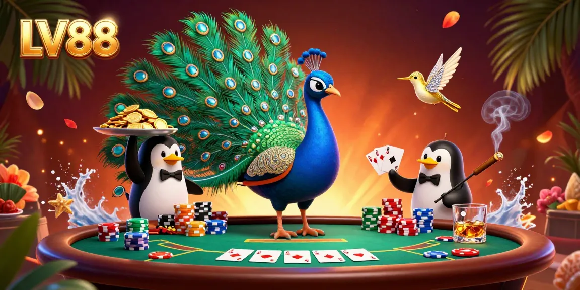 Experience LV88's vibrant casino scene with a peacock, penguin, and hummingbird amidst poker excitement.