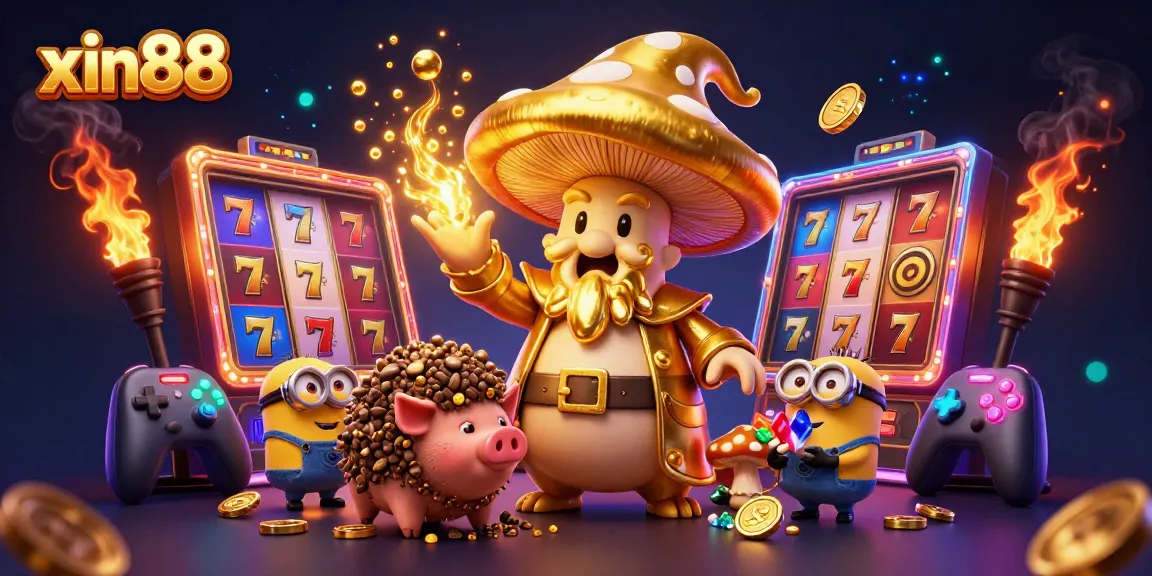 Spin the reels at xin88 with golden mushroom wizard and truffle pig in a vibrant casino scene.