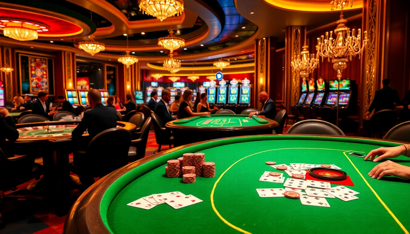 Experience the thrilling atmosphere of RR88 with vibrant casino tables and excited players.