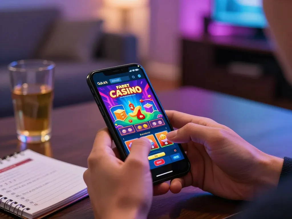 Engaging with fabet casino app on mobile device in modern home setting while strategizing bets.