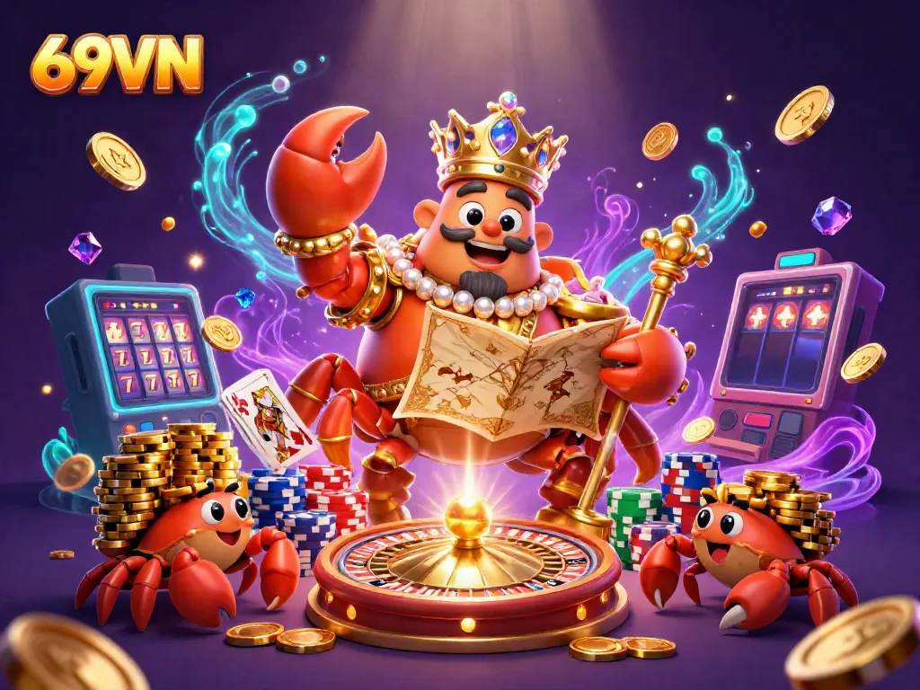 Engage with 69VN's vibrant online gaming world featuring a golden crab emperor amidst spinning roulette and rich visuals.