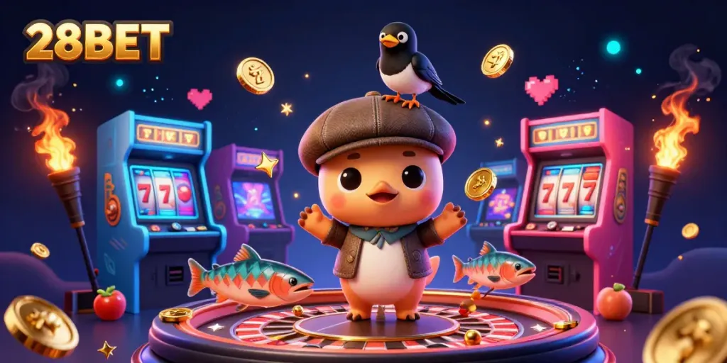 Play exciting games with 28BET and enjoy vibrant, dynamic casino-themed scenes.