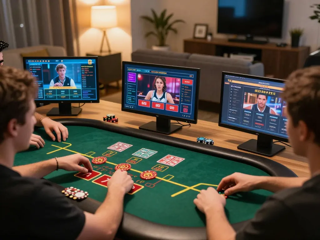 GO8 players enjoying immersive online casino gameplay in a cozy home setup, showcasing excitement and strategy