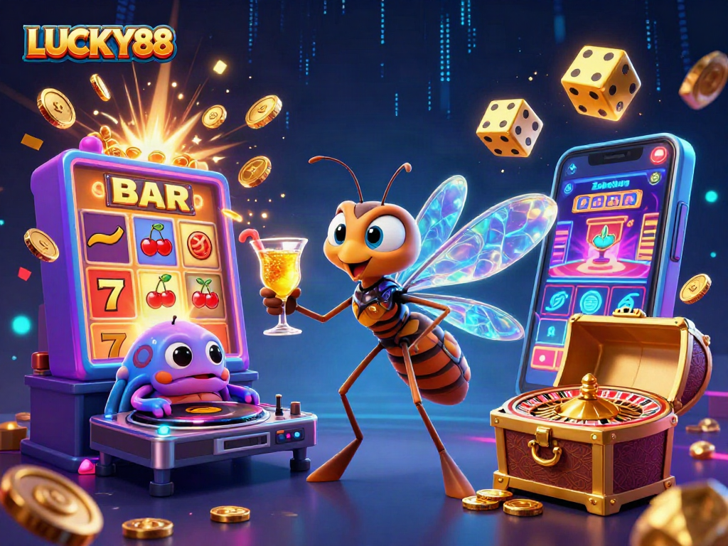 Spin the reels in LUCKY88 with vibrant casino elements like golden dice and slot explosions.