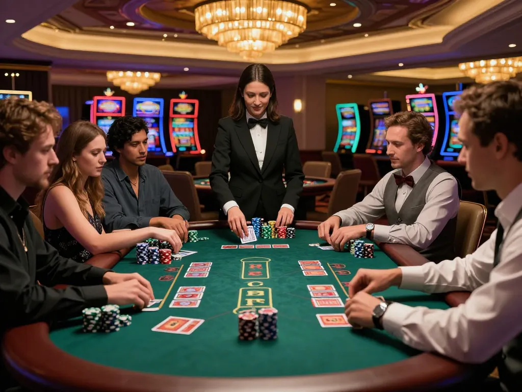 Players engage in an intense game at a Go 88 blackjack table, highlighting strategy and excitement in a vibrant casino atmosphere.