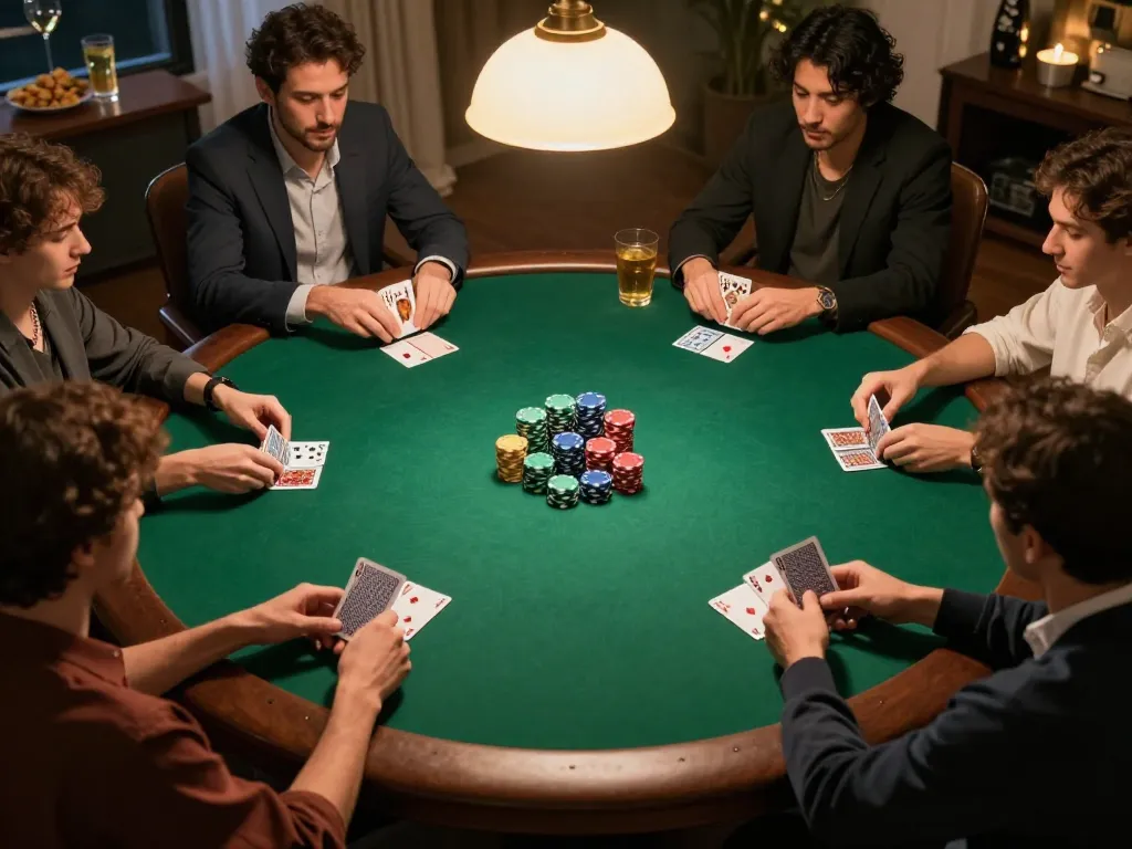 Players enjoy a lively poker night at home while strategizing with ok8386.
