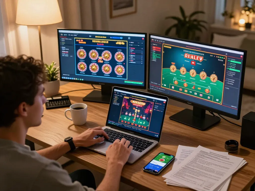 Engaging online gambling scene showcasing 7mcn user enjoying multiple casino games in a cozy home setup.