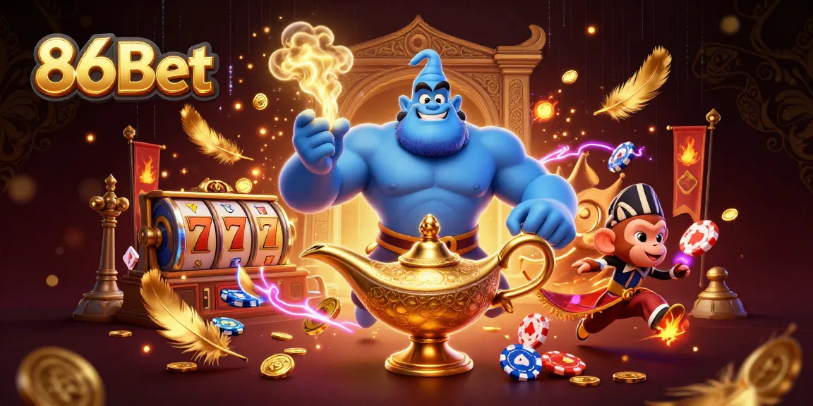 Experience the excitement of 86Bet with a dynamic scene featuring a genie and casino elements.