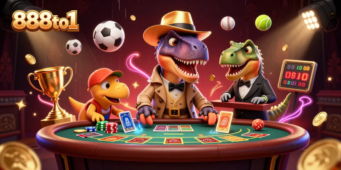 Watch the 888to1 velociraptor card counter and friends amidst exciting casino action and vibrant sports elements.