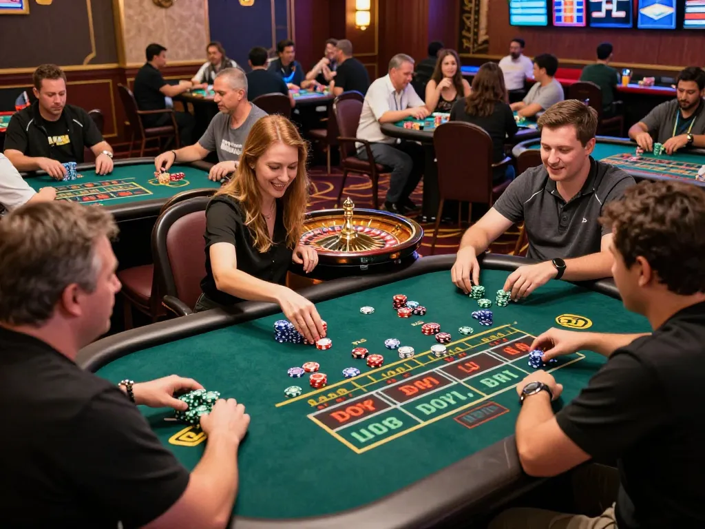 Lô Đề Uy Tín casino floor bustling with players placing bets, capturing the excitement of online gambling.