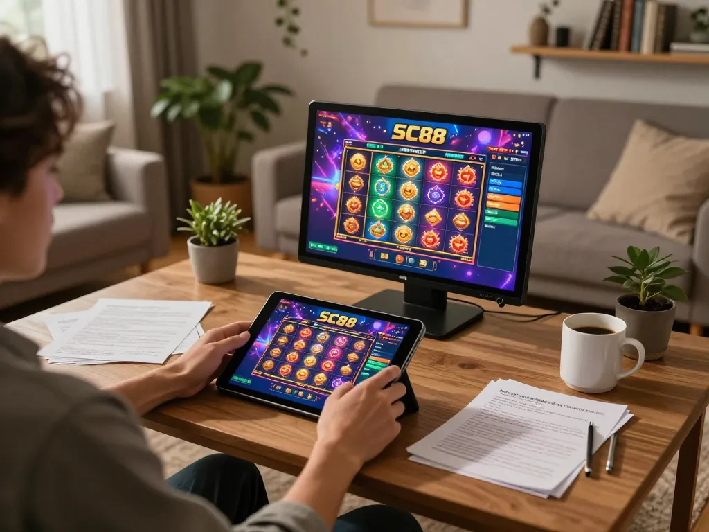 Engaging scene of a player using the SC88 app to enjoy online gambling from home with notes for winning strategies.