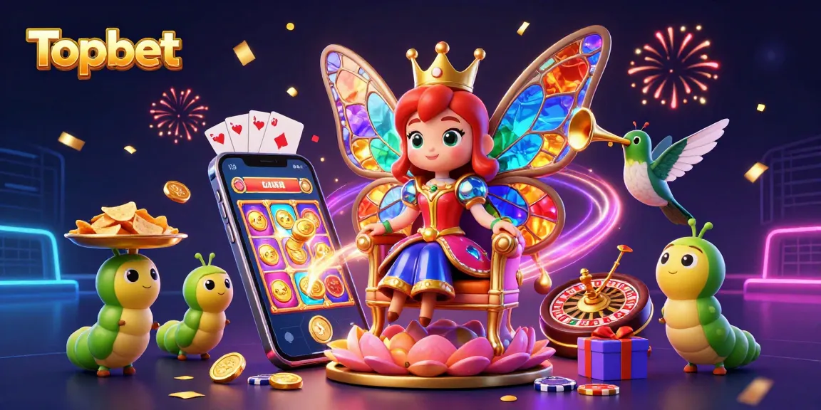 Experience the excitement of Topbet with colorful slot games and joyful characters in a vibrant 3D scene.