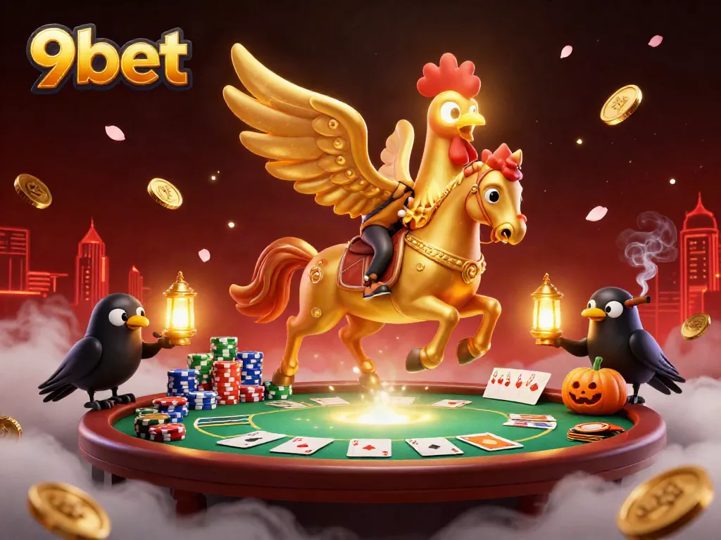Experience the excitement of 9bet with a golden rooster character amidst a vibrant casino scene.