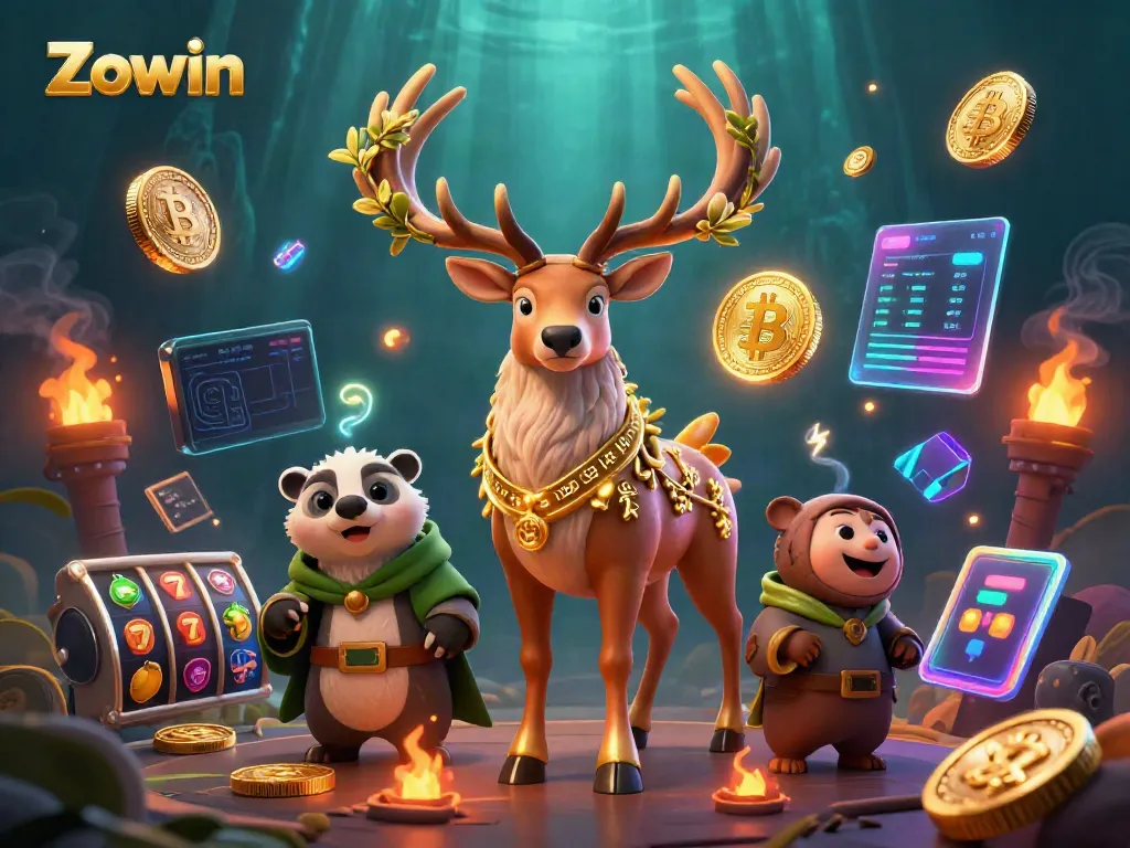 Engage in Zowin casino adventures with vibrant characters amidst dynamic slot gaming elements.