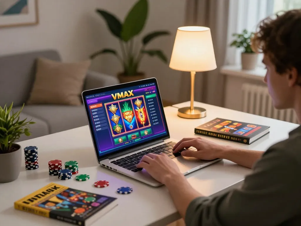 Player engaging with VMAX online slots on a laptop, enjoying a comfortable home gaming atmosphere