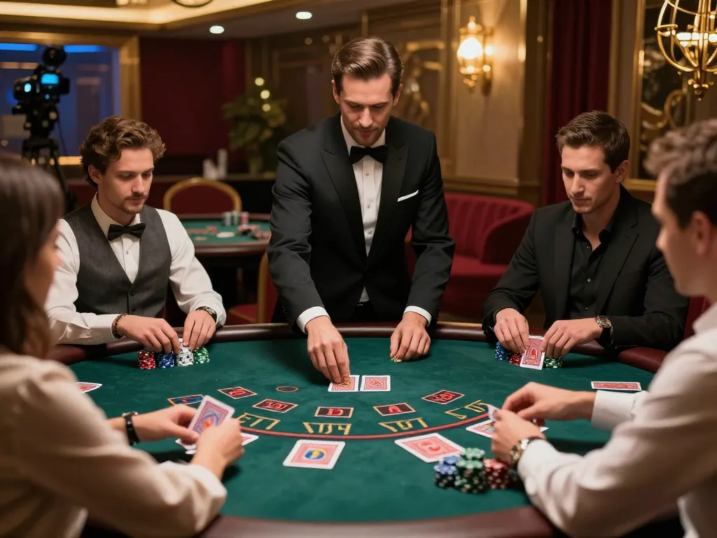 kp88 players enjoying a lively blackjack game with a professional dealer in a luxurious casino