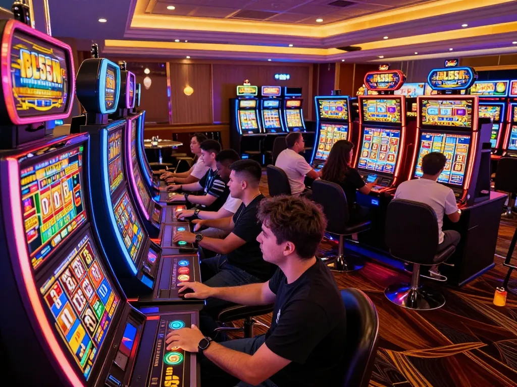Players engaging with lively slot machines while enjoying Bl555's diverse gaming experience in a vibrant casino atmosphere.