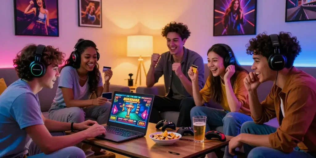Friends playing online games at credit card casinos with snacks and drinks in a cozy living room.