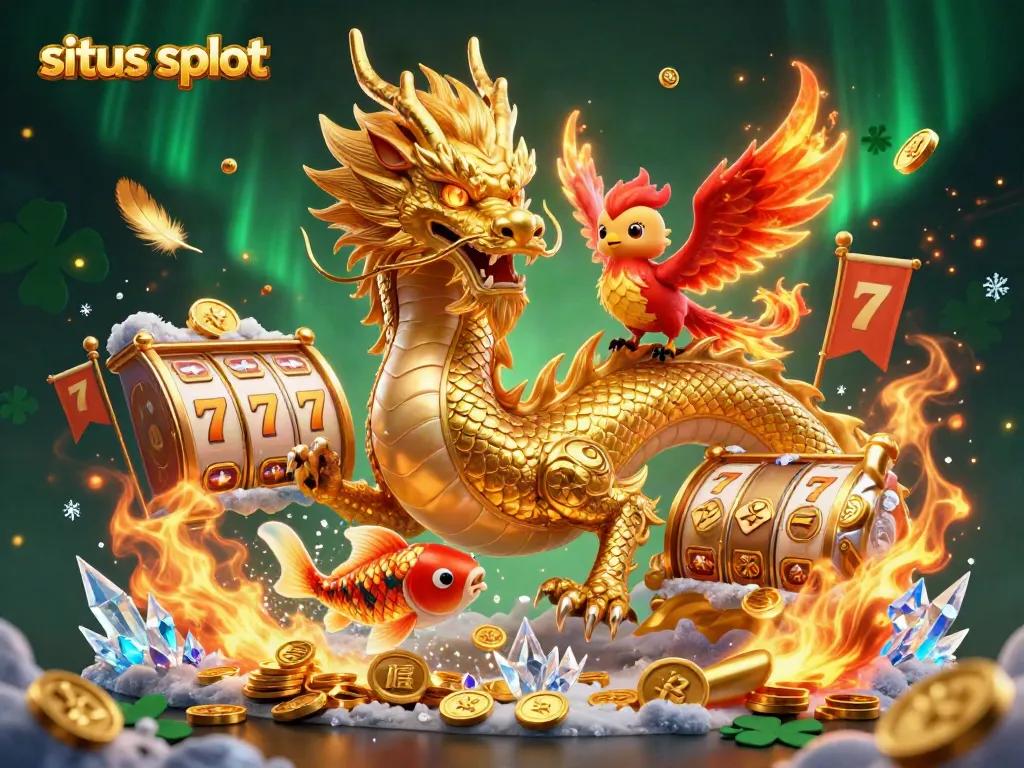 Engage in the excitement of situs slot with golden dragon, phoenix, and koi fish amidst vibrant casino elements.