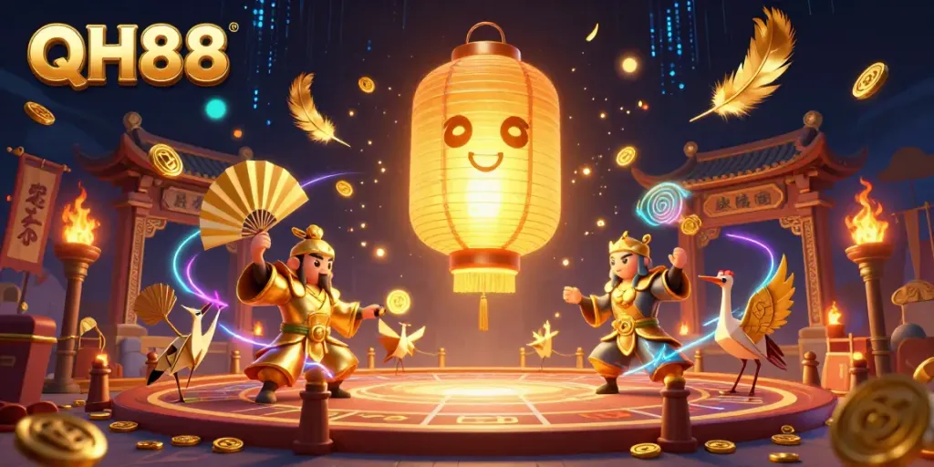 Experience the thrill of the QH88 casino with vibrant 3D spirits and golden elements.