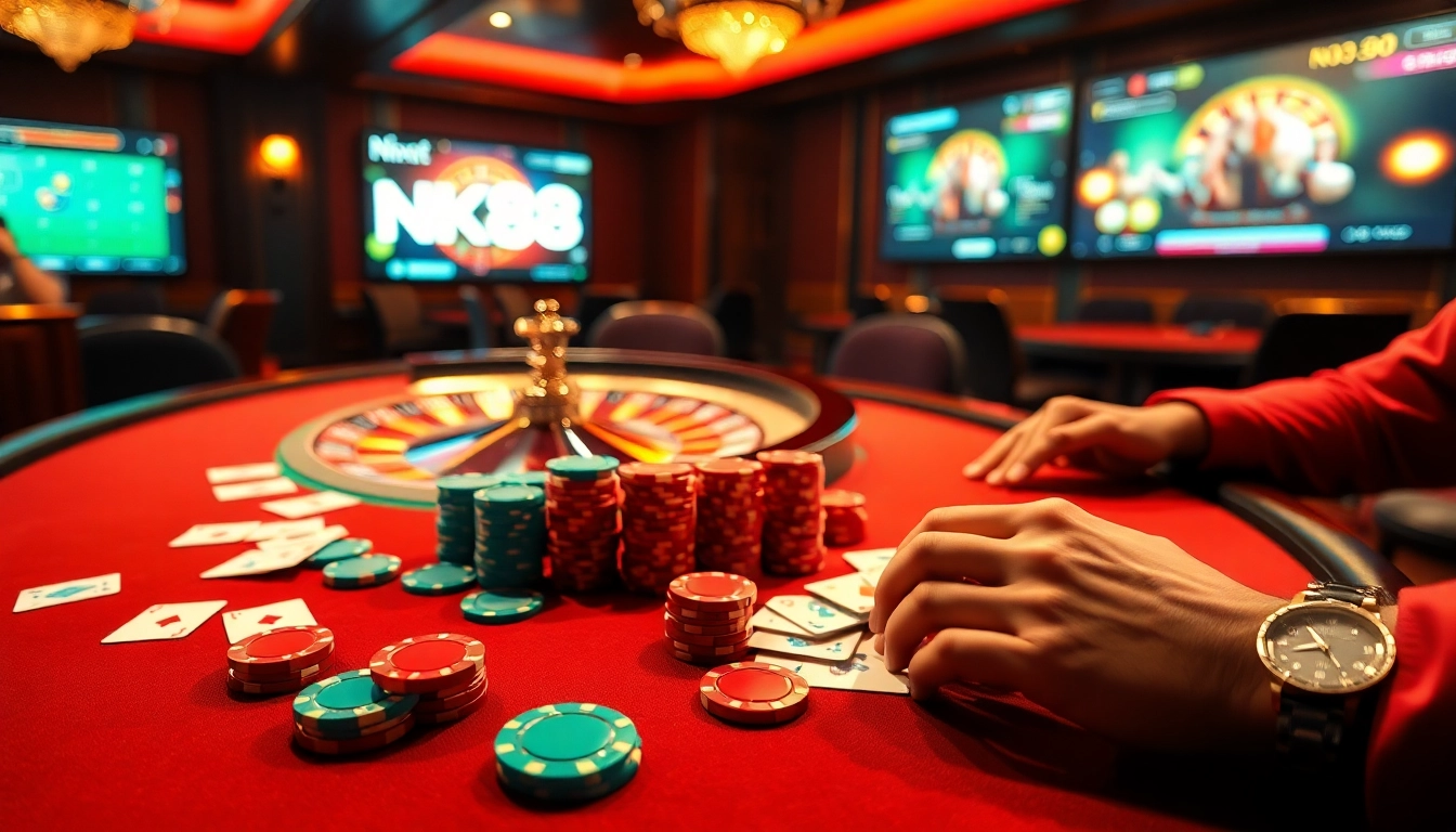 Engage with nk88 in a thrilling casino scene featuring a poker table and roulette wheel.