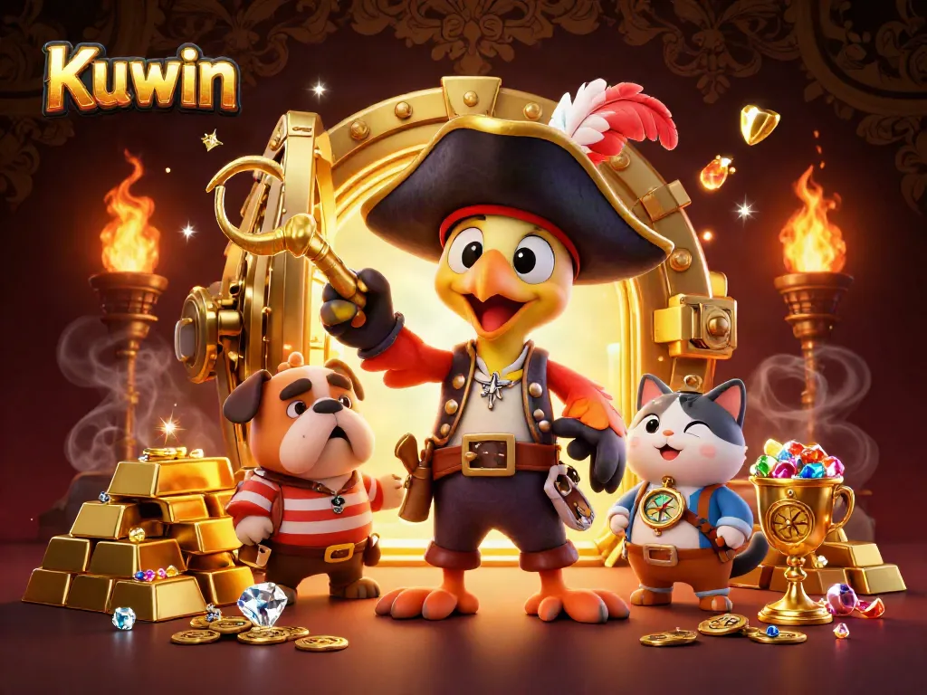 Kuwin showcases a thrilling casino experience with vibrant characters and dynamic treasures in a festive atmosphere.