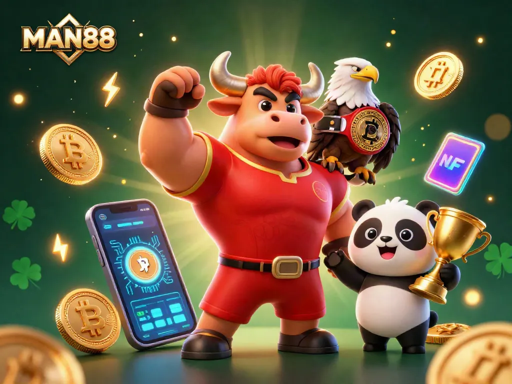 MAN88 players celebrate winnings alongside colorful casino tokens and wild animals, emphasizing a fun gaming environment.