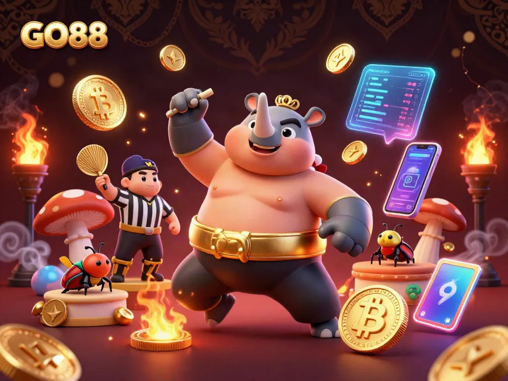 Experience the thrill of GO88 as a rhinoceros beetle champion wins big, surrounded by glowing crypto coins.