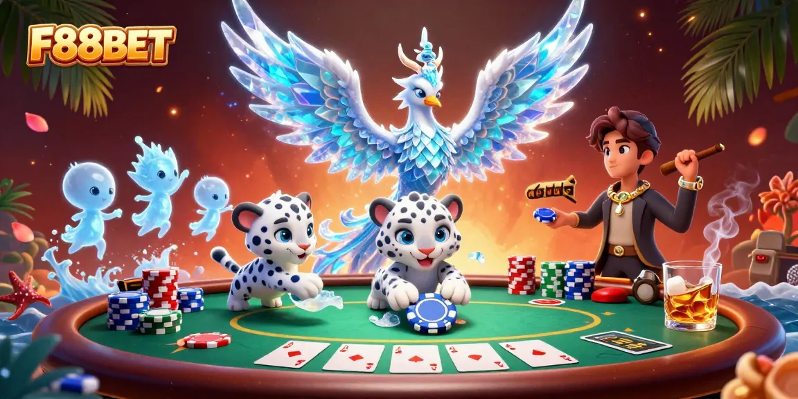 Experience thrilling gameplay at F88BET with a vibrant casino scene featuring a mystical ice phoenix.