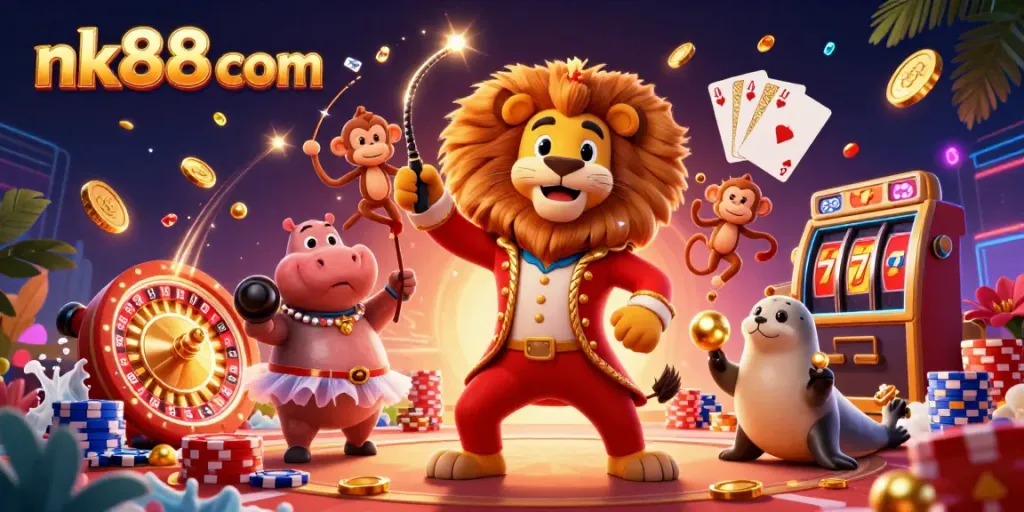 Engage in thrilling games at nk88 com while enjoying a vibrant 3D casino illustration filled with excitement and action.