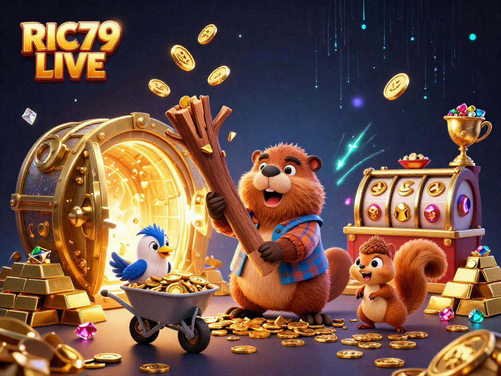 Experience RIC79 LIVE with vibrant cartoon characters amidst a treasure explosion in casino splendor.