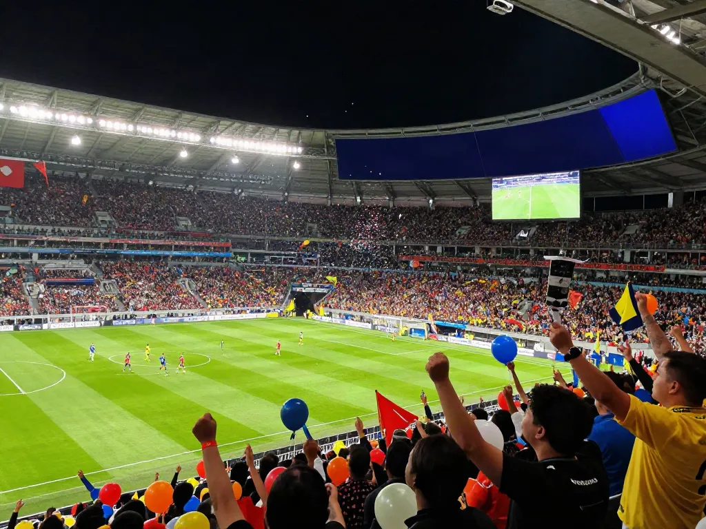 Xoilactv fans celebrating a live football match in a vibrant stadium atmosphere.
