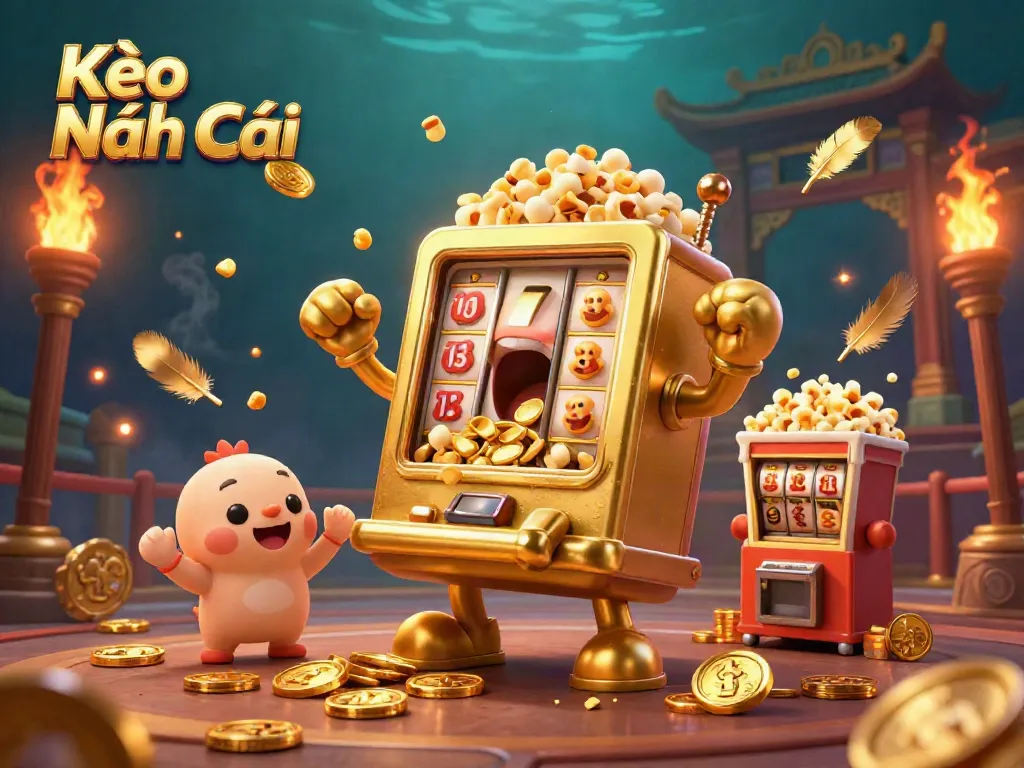Experience excitement with Kèo Nhà Cái as a golden slot machine hits the jackpot, surrounded by cheering machines and coins.