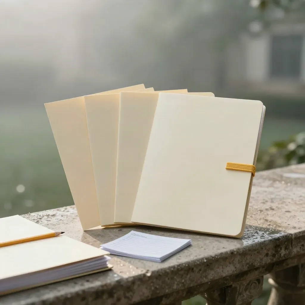 Teacher resource pack with folders and dividers on a rain-washed stone ledge at dawn.