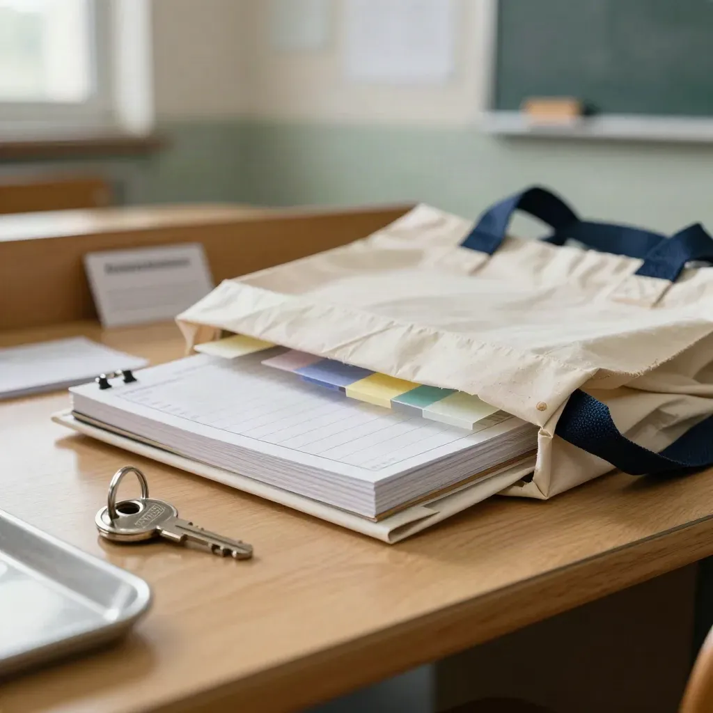 Supply teacher kit bundle with notepad, timetable cards, sticky tabs, tote and key ring.