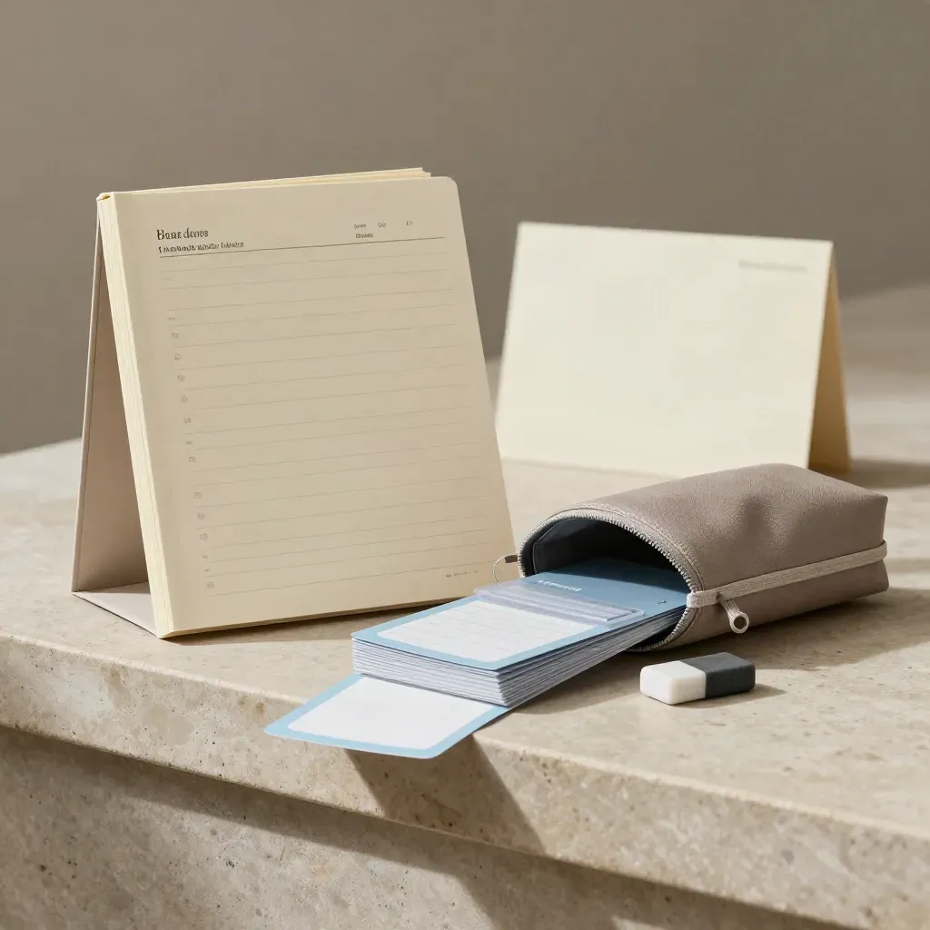 Starter pack bundle on pale stone with folder, routine cards, dividers and pencil case, softly lit.